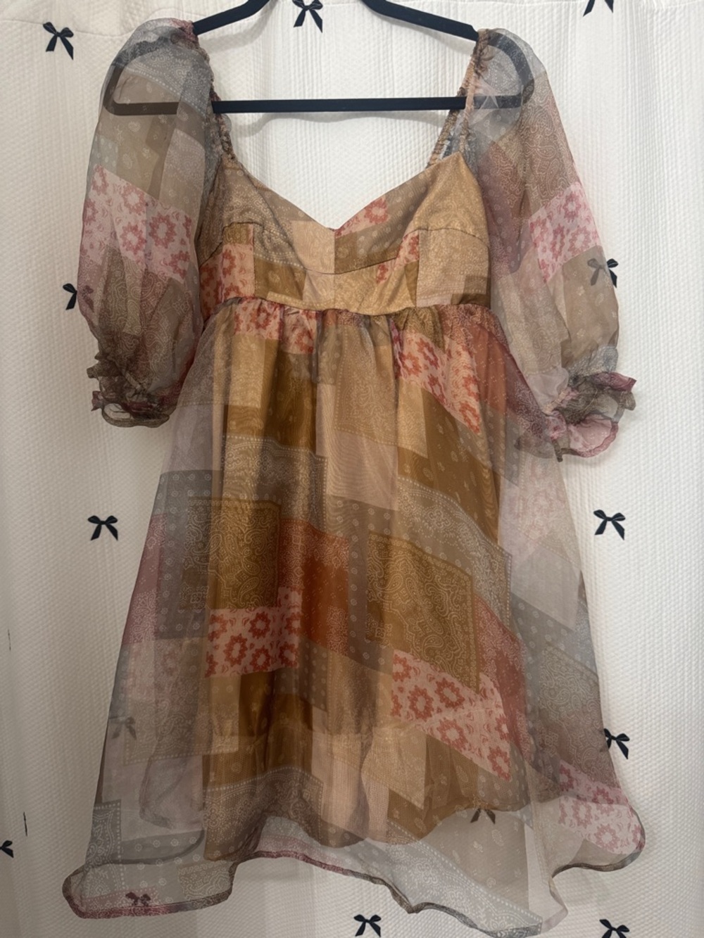 Sheer Patchwork Puff-Sleeve Mini Dress